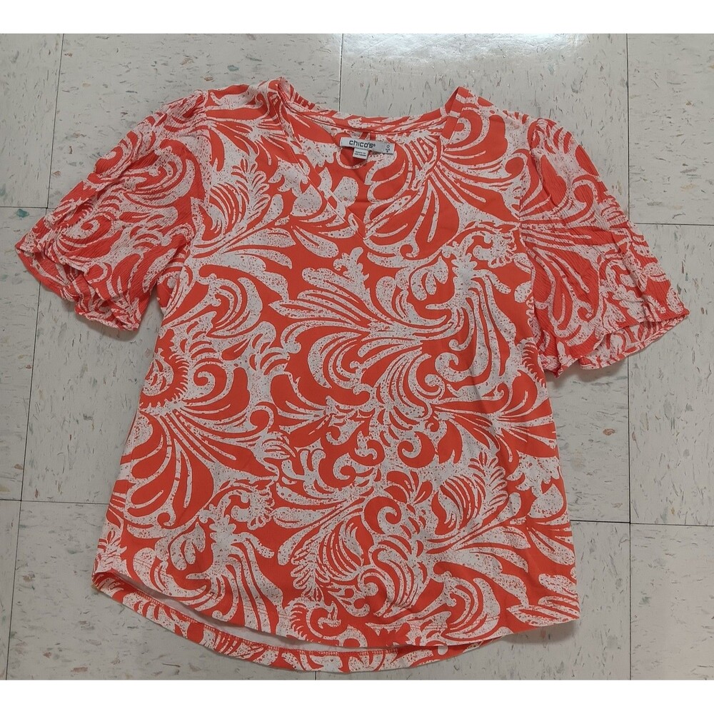 Chico's Coral & White Short Sleeve Shirt With Flutter Sleeves Size O USA SMALL
